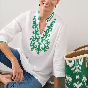 Chicos white linen tunic with green and blue beading and embroidery. Size 16